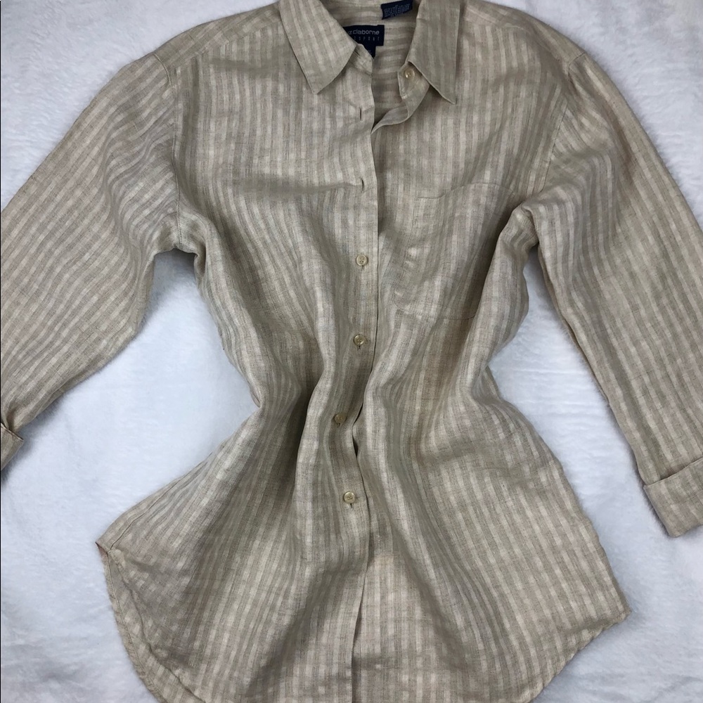Cream 100% Irish linen gingham Liz Claiborne button up